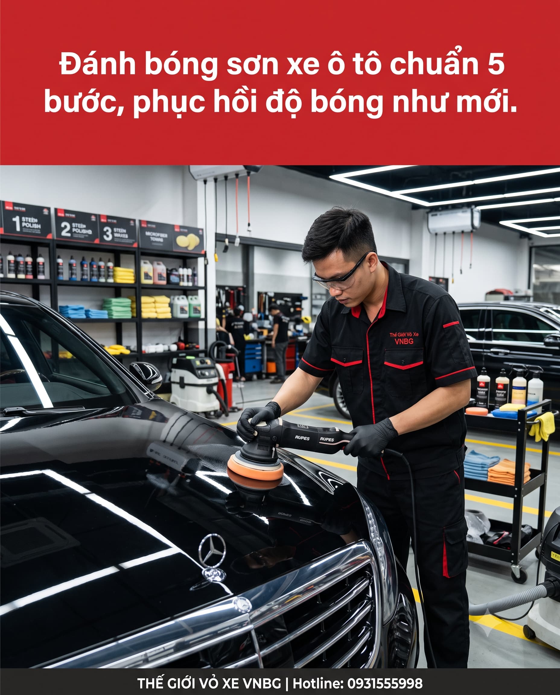 Đánh bóng sơn xe ô tô chuẩn 5 bước, phục hồi độ bóng như mới. 1 Đánh bóng sơn xe ô tô chuẩn 5 bước, phục hồi độ bóng như mới.