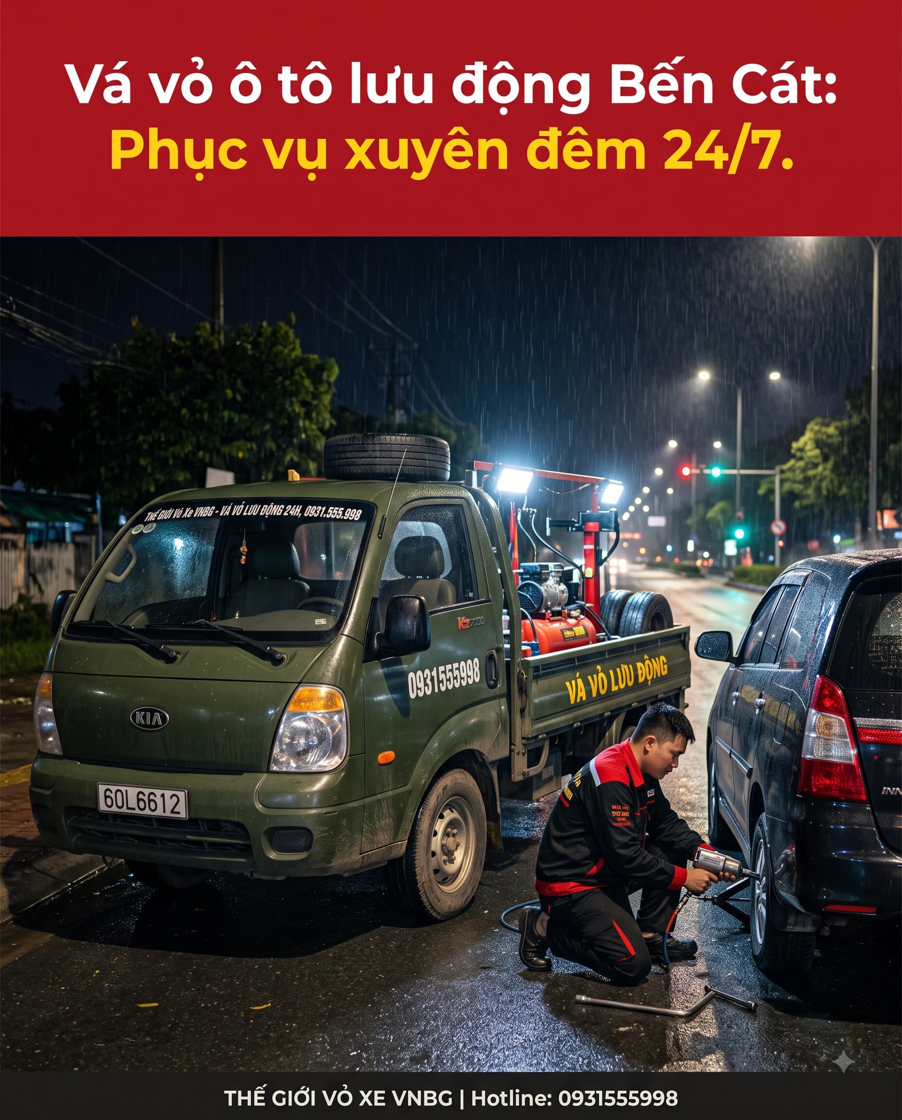 Vá vỏ ô tô lưu động Bến Cát Phục vụ xuyên đêm 24/7. 1 Vá vỏ ô tô lưu động Bến Cát Phục vụ xuyên đêm 24/7.