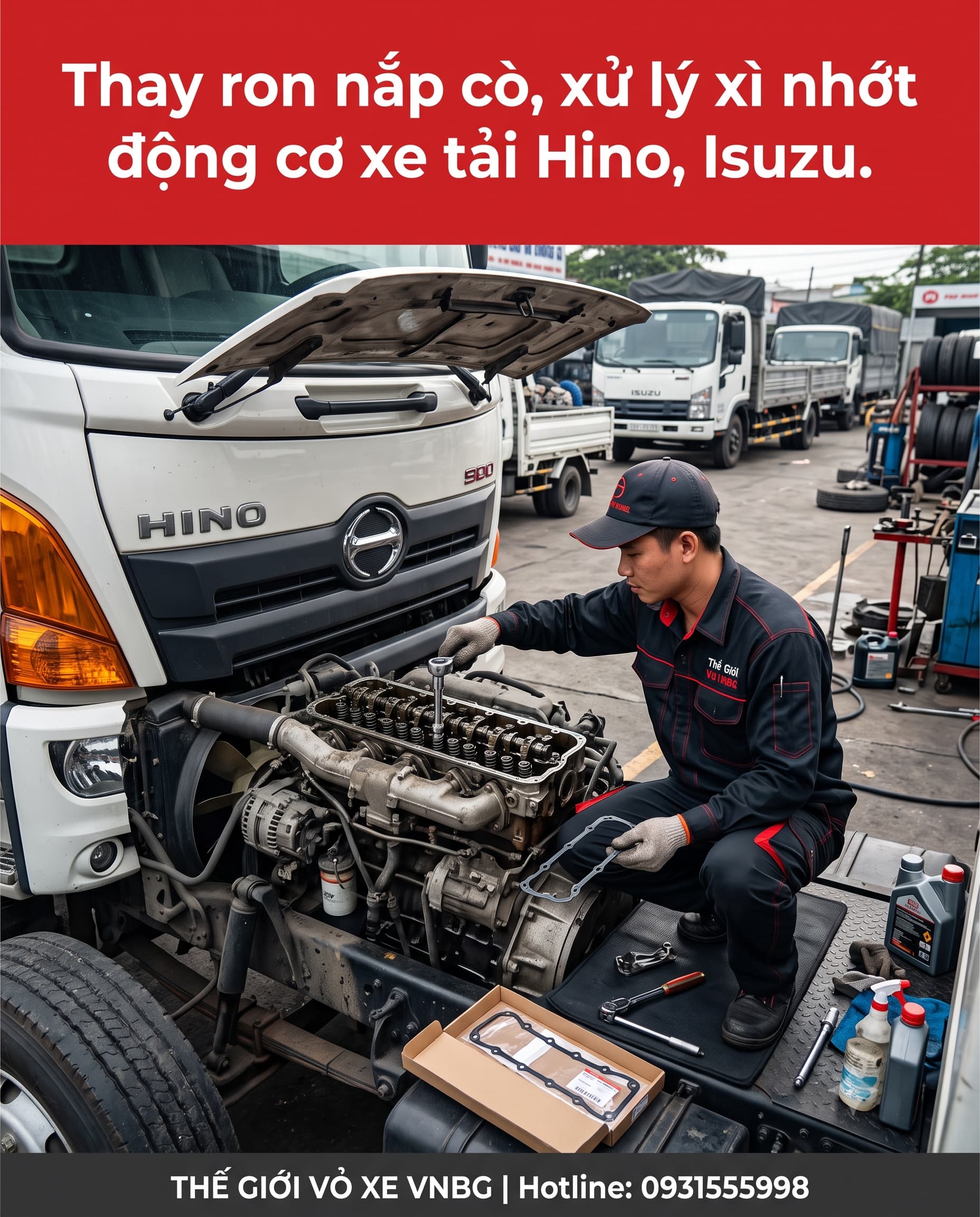 Thay ron nắp cò, xử lý xì nhớt động cơ xe tải Hino, Isuzu.